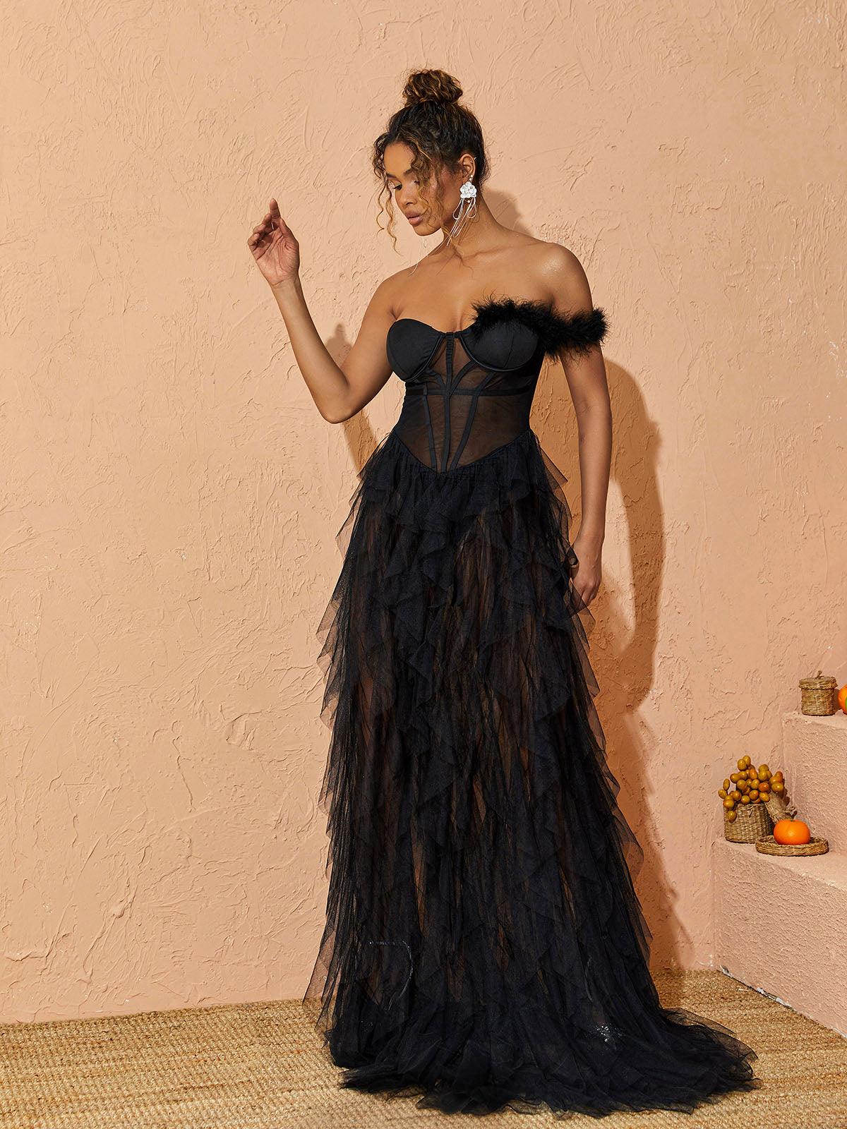 One Shoulder Tulle Maxi Dress In Black - View 4