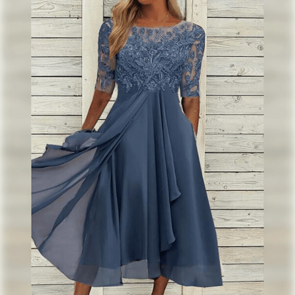 Lace Embroidered Sheer Sleeve Round Neck Draped Tier Midi Dress