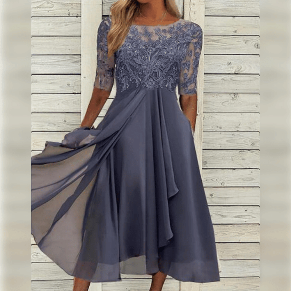 Lace Embroidered Sheer Sleeve Round Neck Draped Tier Midi Dress - View 4