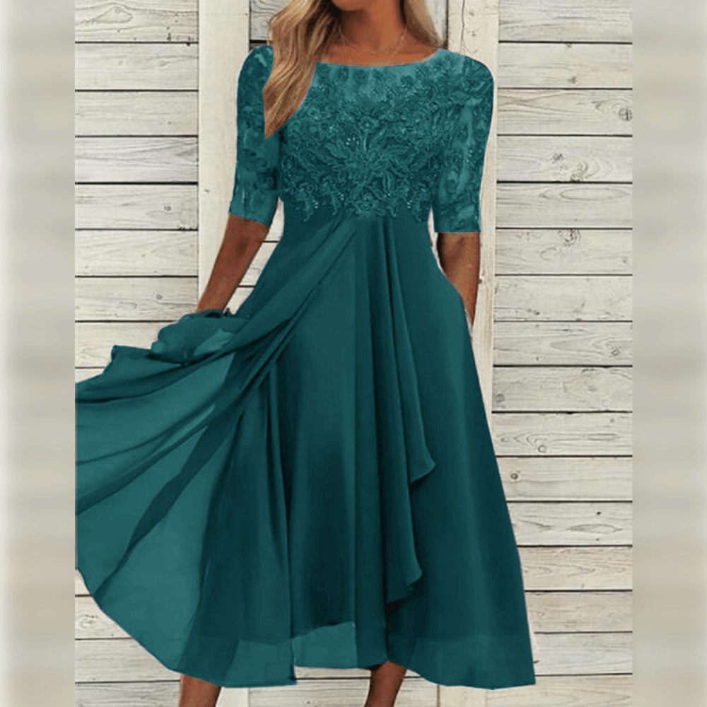 Lace Embroidered Sheer Sleeve Round Neck Draped Tier Midi Dress - View 5