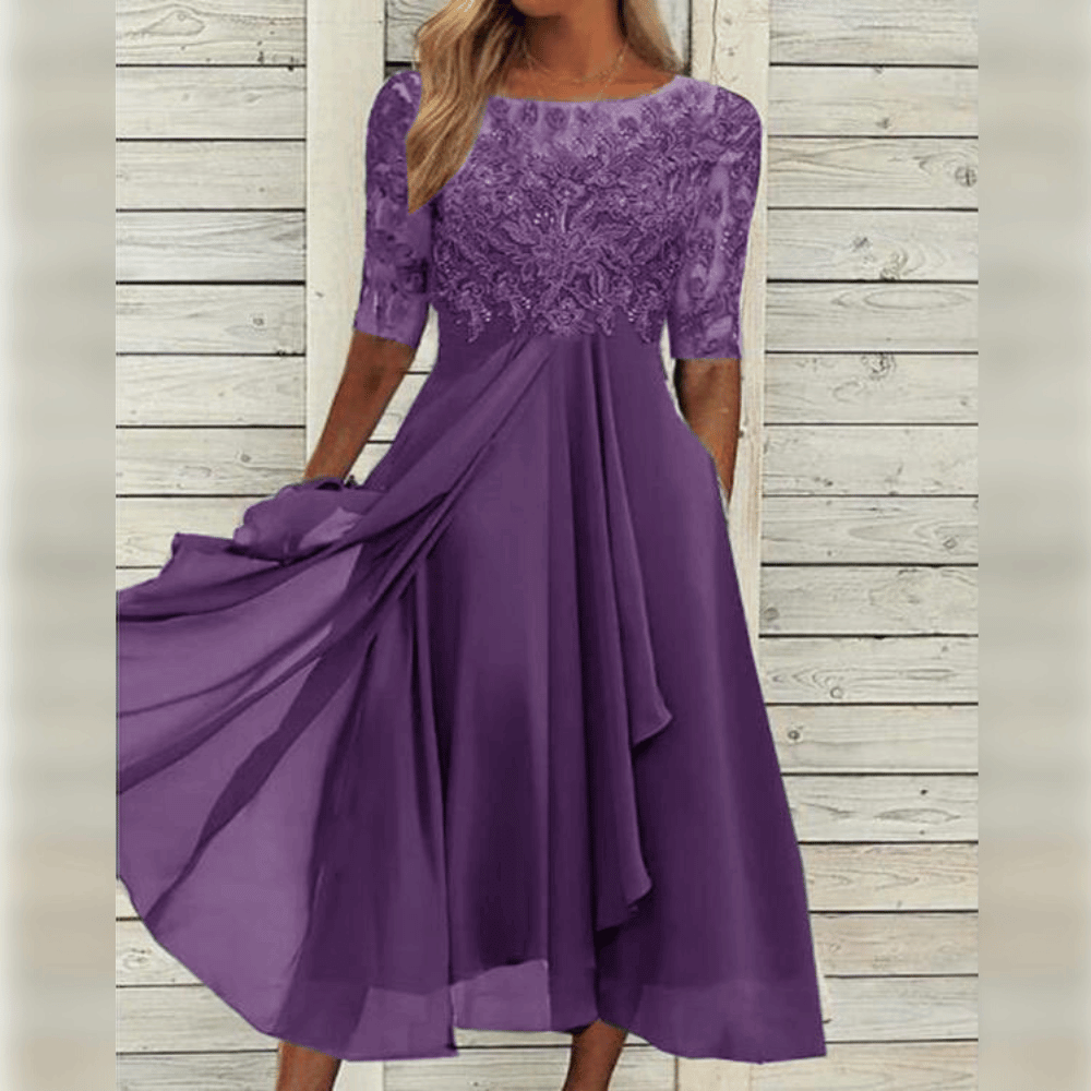 Lace Embroidered Sheer Sleeve Round Neck Draped Tier Midi Dress - View 3
