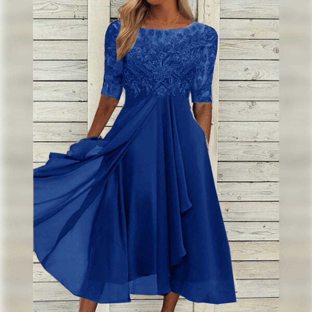 Lace Embroidered Sheer Sleeve Round Neck Draped Tier Midi Dress - View 6
