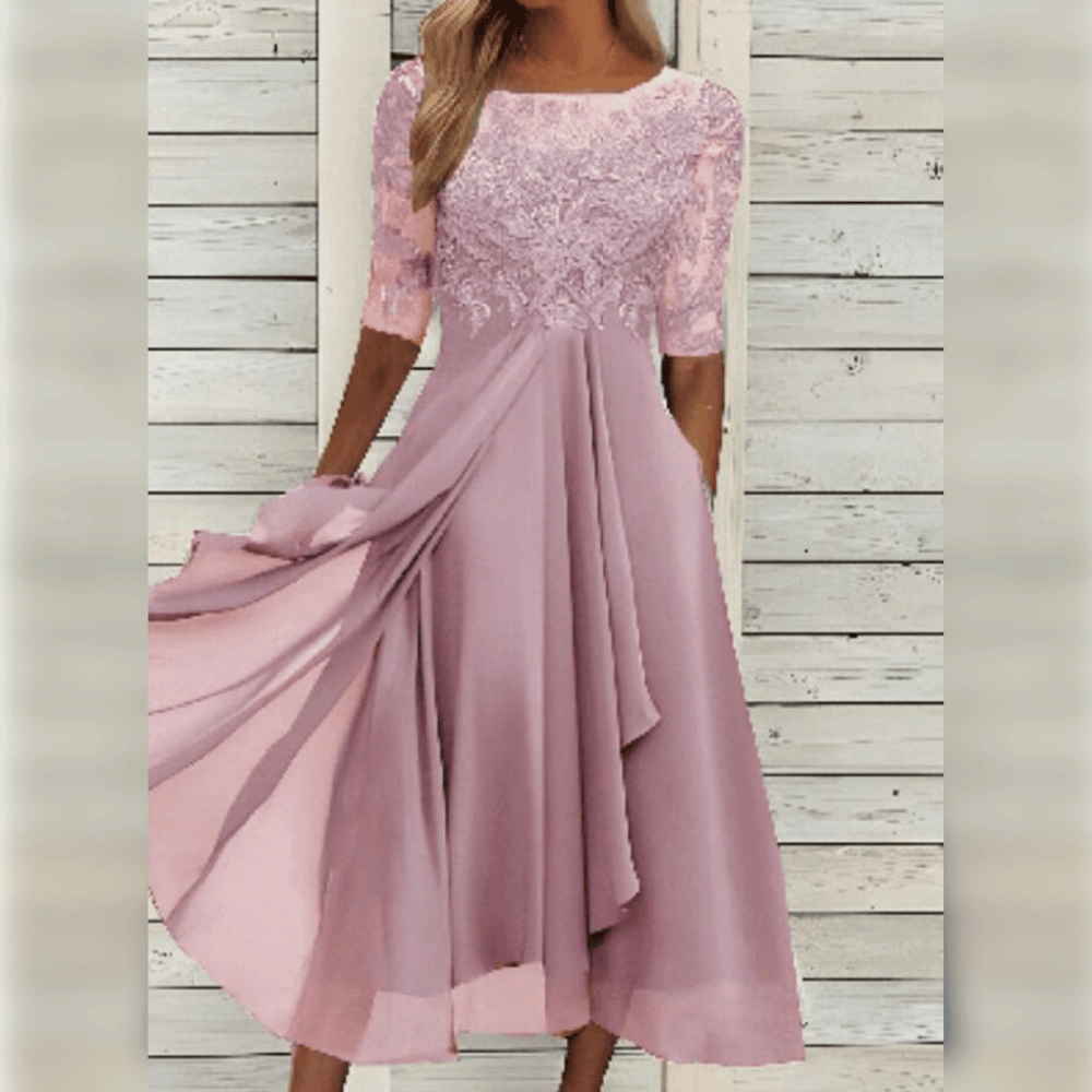 Lace Embroidered Sheer Sleeve Round Neck Draped Tier Midi Dress - View 7