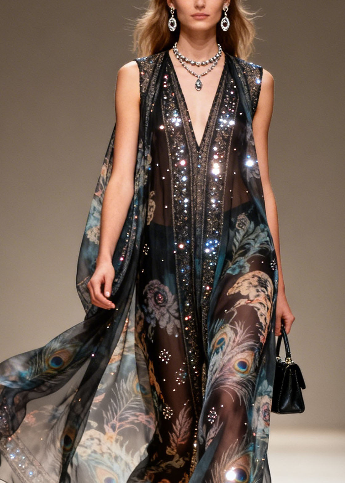 Sequin Chiffon Peacock Floral Print Deep V-Neck Cape Maxi Gown - View 2