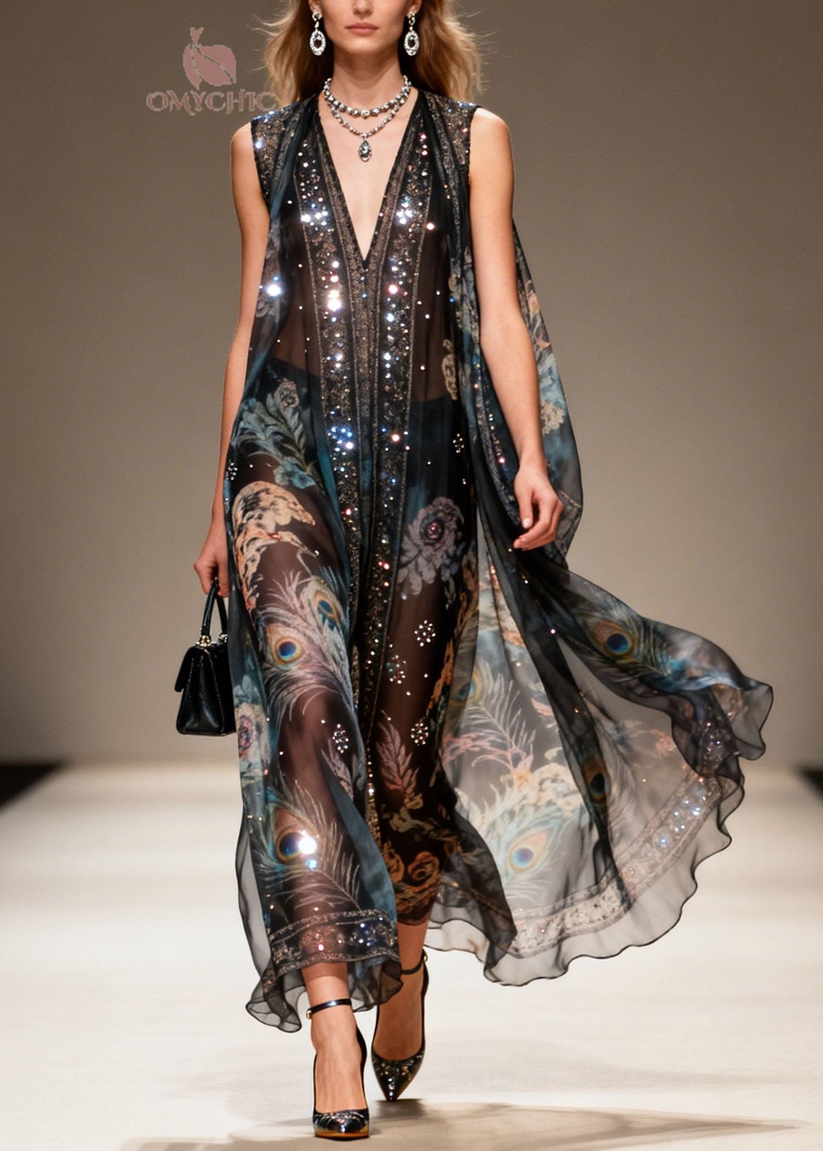 Sequin Chiffon Peacock Floral Print Deep V-Neck Cape Maxi Gown - View 3