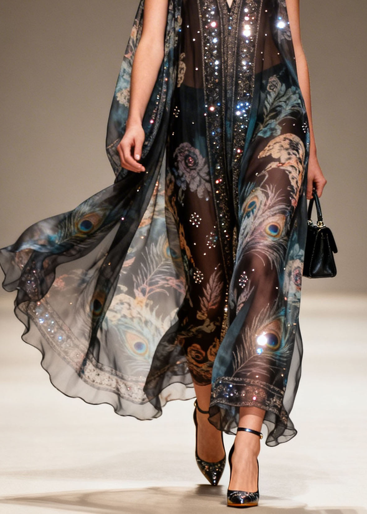Sequin Chiffon Peacock Floral Print Deep V-Neck Cape Maxi Gown - View 4