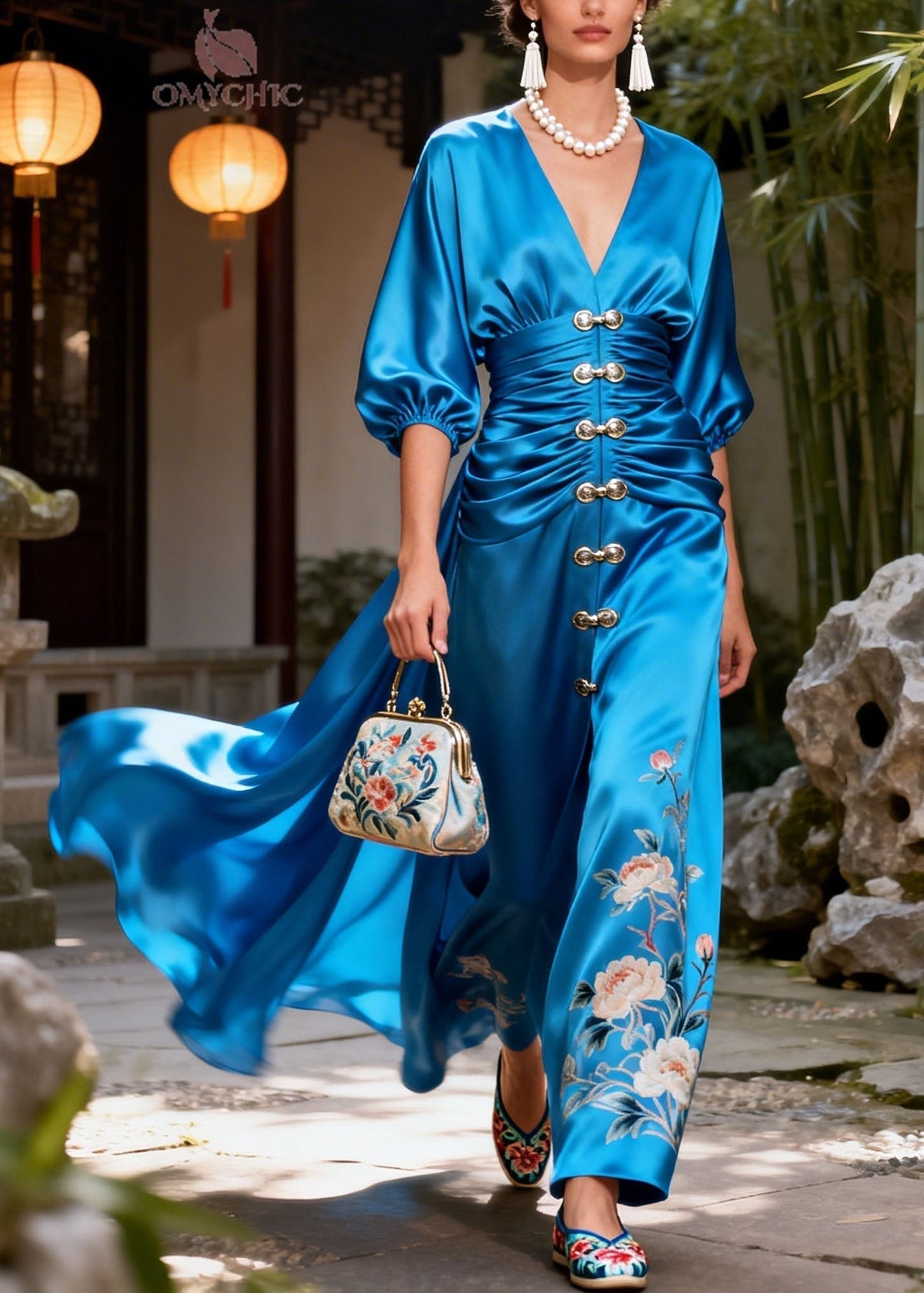 Satin Floral Deep V-Neck Lantern Sleeve Ruched Maxi Gown