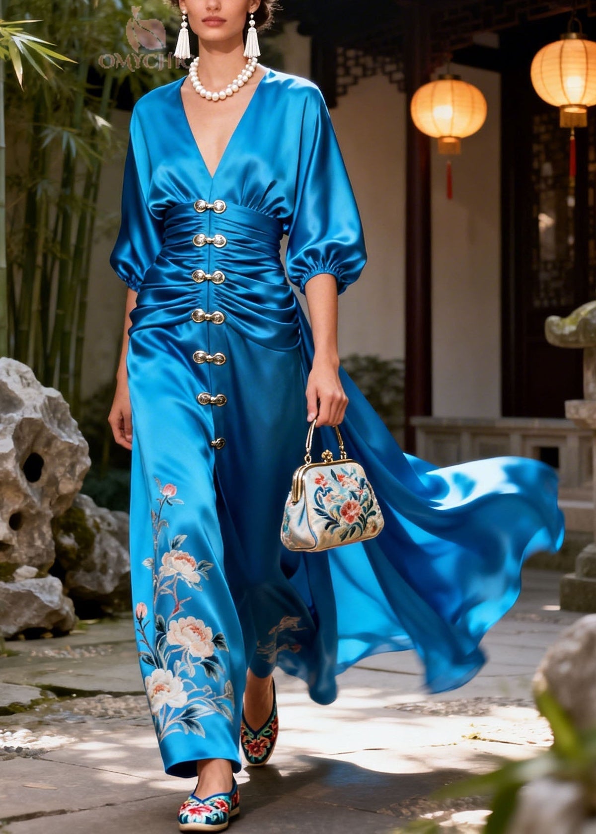 Satin Floral Deep V-Neck Lantern Sleeve Ruched Maxi Gown - View 3