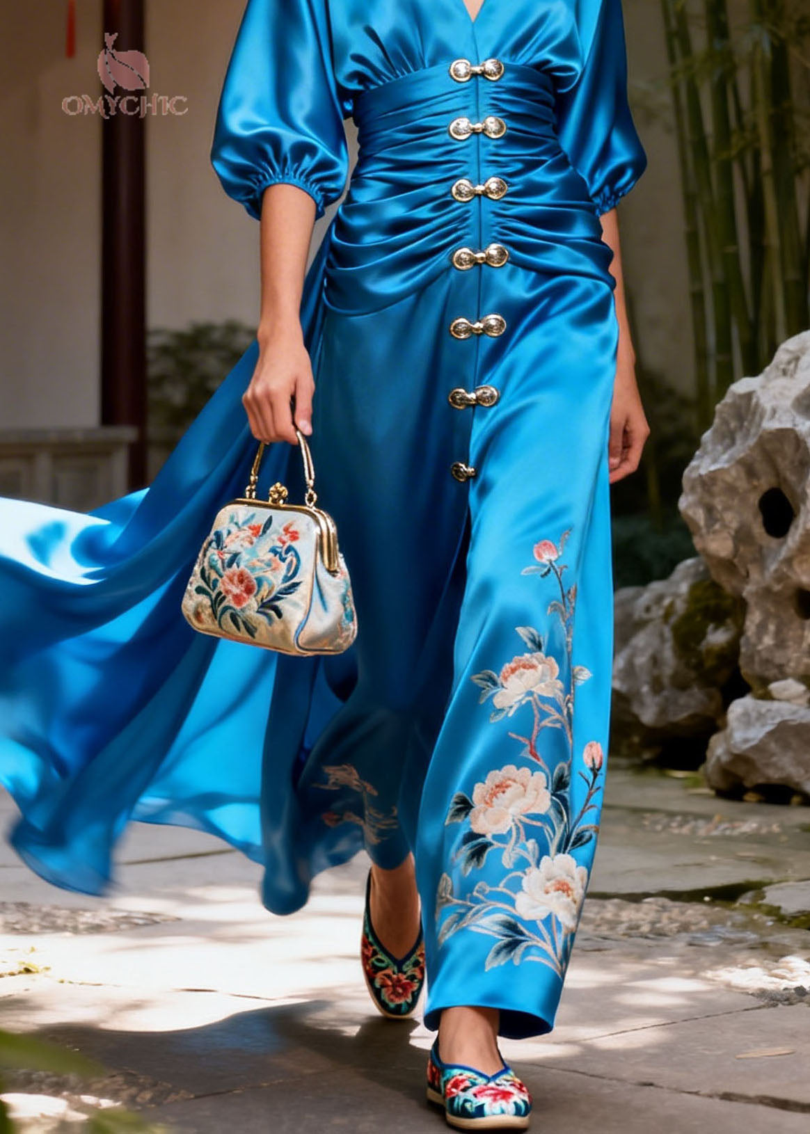 Satin Floral Deep V-Neck Lantern Sleeve Ruched Maxi Gown - View 4