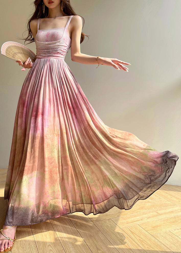 Spaghetti Strap Square Neck Botanical Print Pleated Chiffon Maxi Dress - View 2