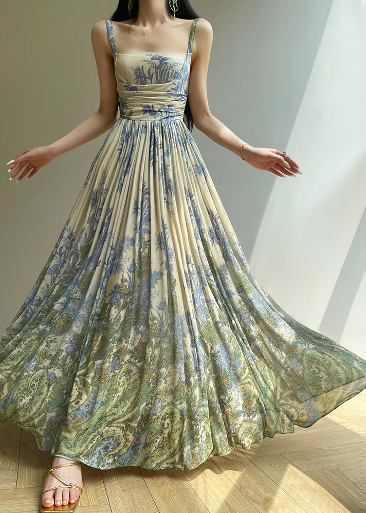 Spaghetti Strap Square Neck Botanical Print Pleated Chiffon Maxi Dress - View 3