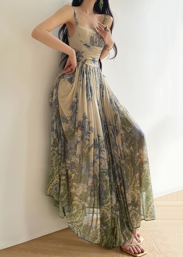 Spaghetti Strap Square Neck Botanical Print Pleated Chiffon Maxi Dress - View 4