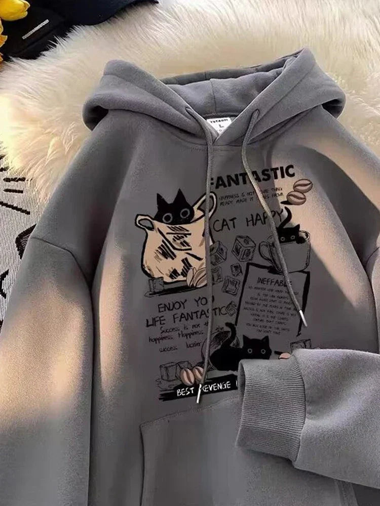 Cat Cartoon Printed Pullover Hoodie Dark Grey / M(40-45KG)