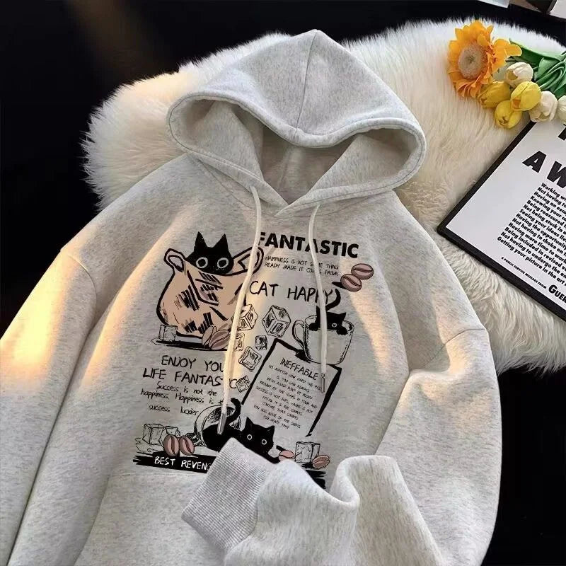 Cat Cartoon Printed Pullover Hoodie
