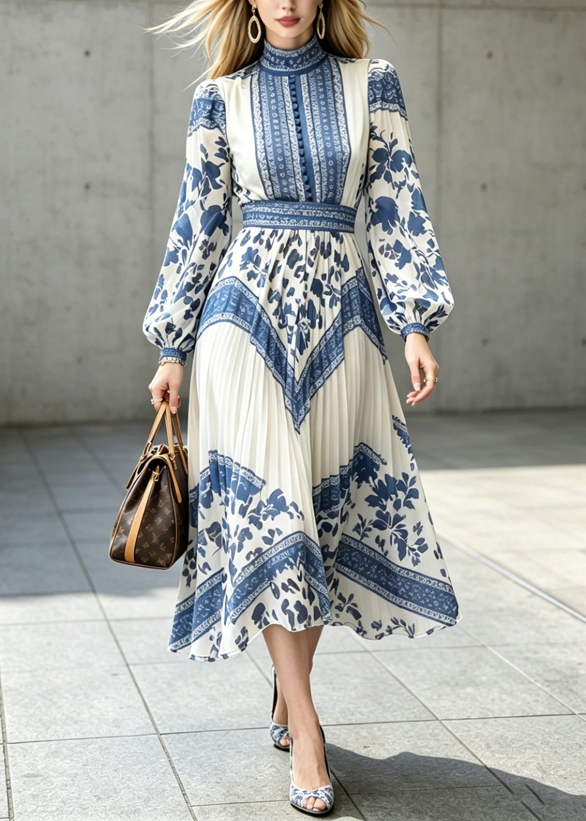 Chiffon Floral Tile Print Mock Neck Bishop Sleeve Midi Dress - View 5