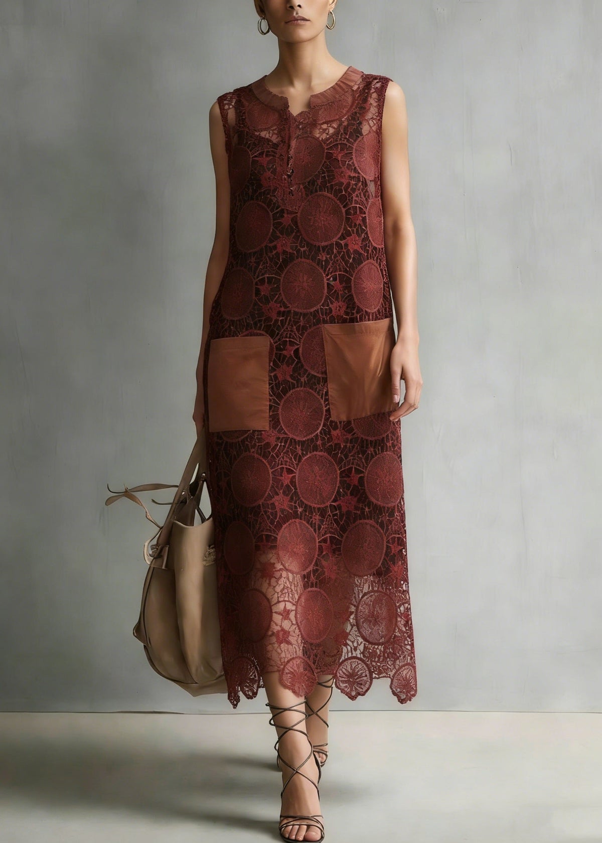 Lace Circular Motif Split Neck Patch Pocket Scalloped Midi Dress - View 5