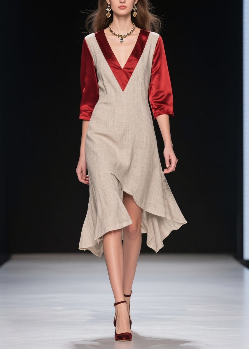 Deep V-Neck Layered Overlay Satin Sleeve Asymmetrical Midi Dress - View 3