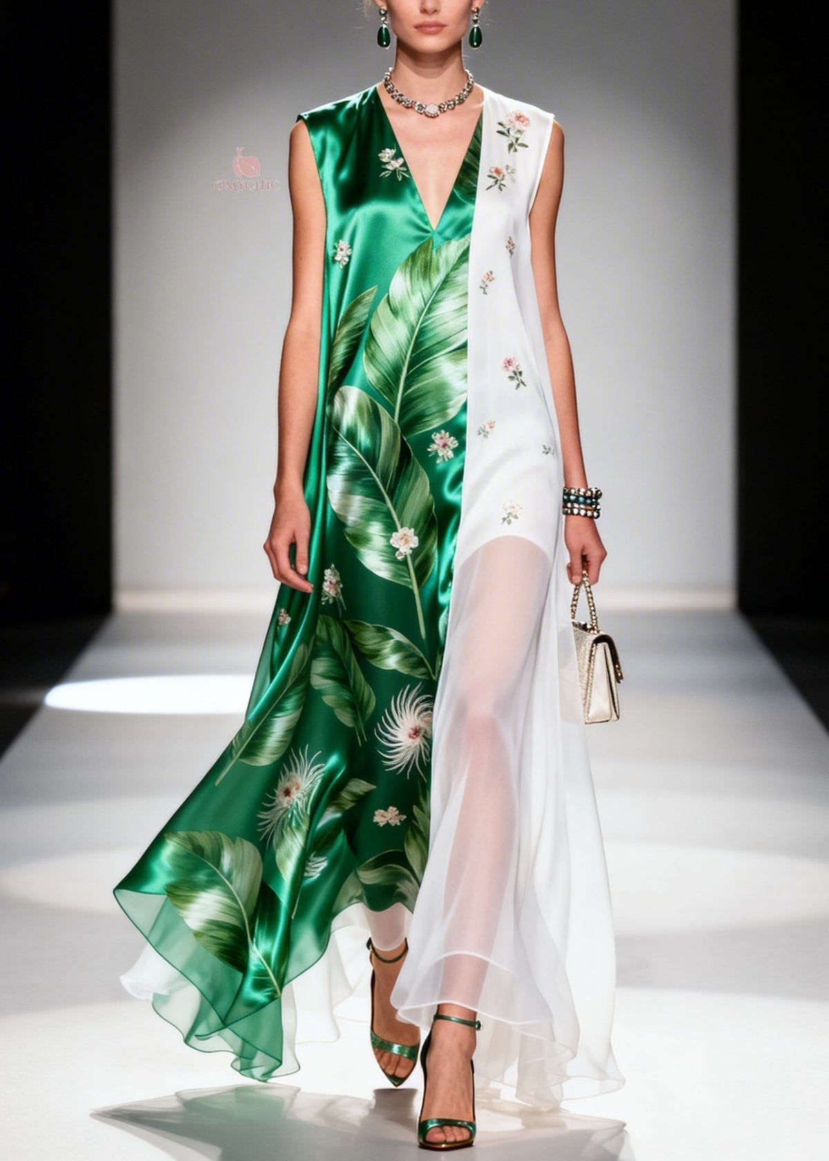 Chiffon Palm Leaf V-Neck Sleeveless Embroidered Panel Maxi Dress - View 5