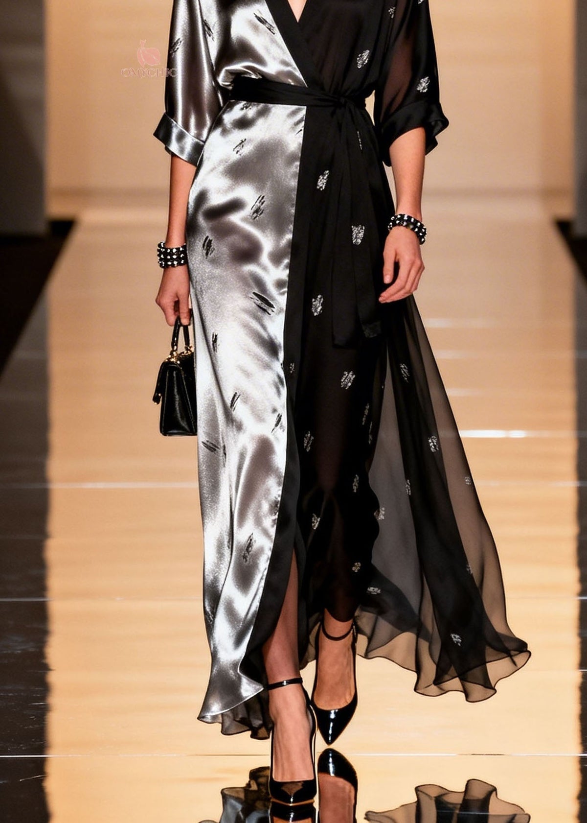 Deep V-Neck Wrap Sleeve Beetle Print Split Sheer Panel Maxi Gown - View 4