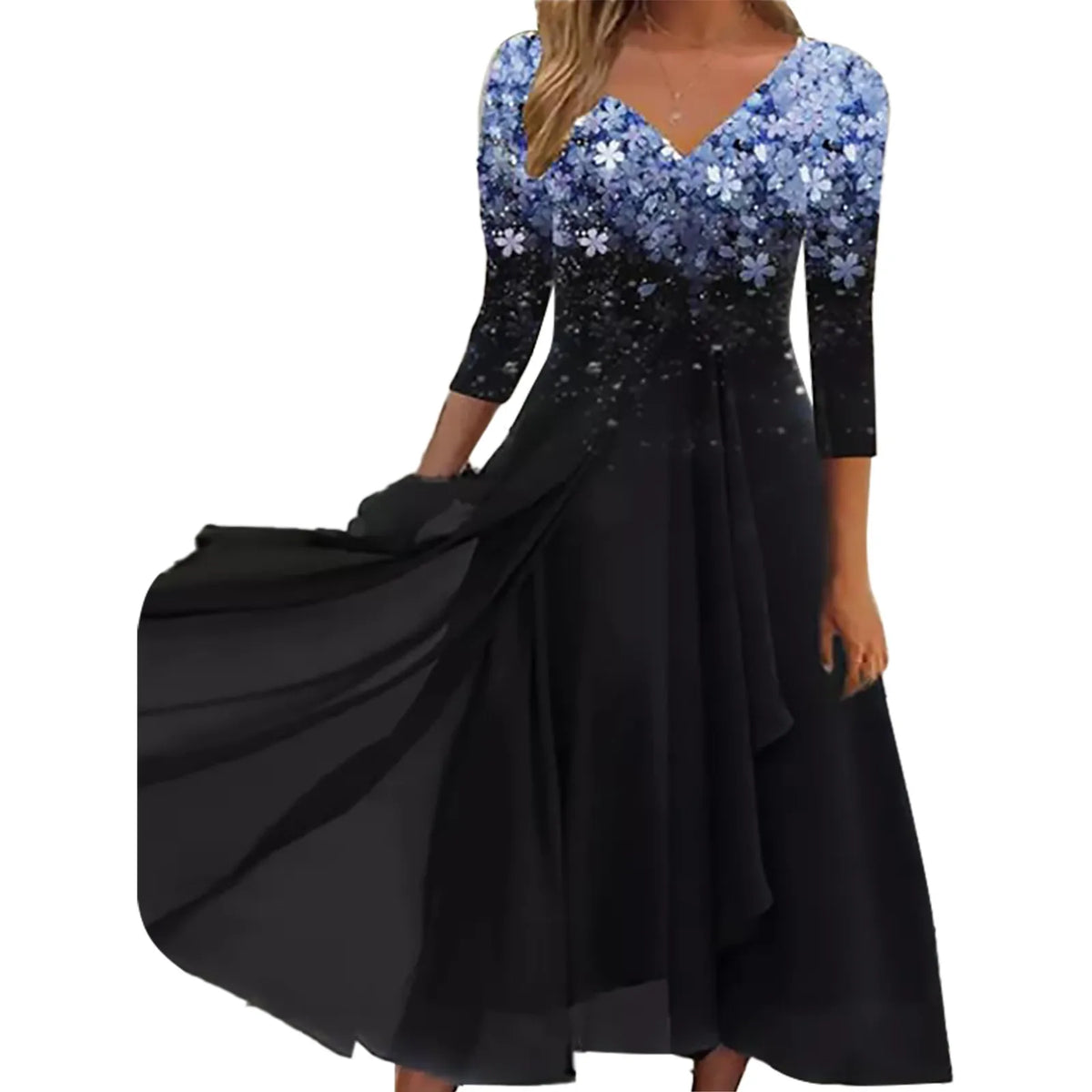Floral Print Lace Half Sleeve A-Line Maxi Dress - View 7