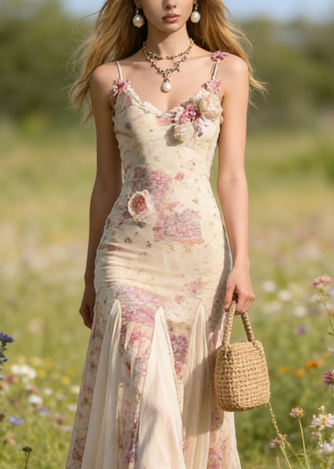 New Floral Patchwork Tulle Spaghetti Strap Dress Summer - View 3