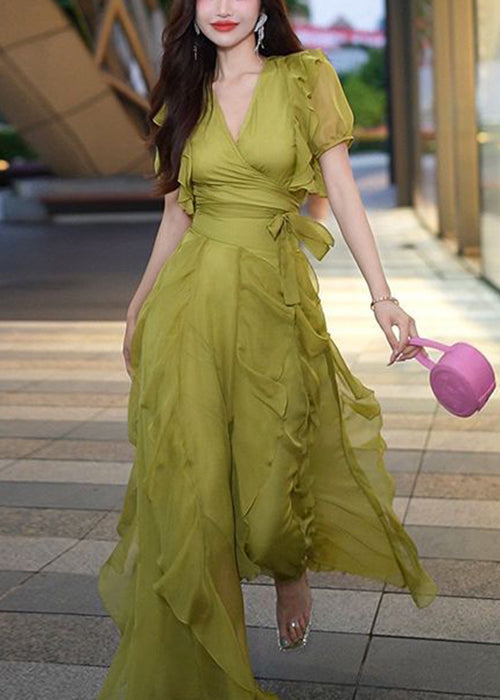 New Green V Neck Ruffled Chiffon Long Dresses Summer - View 3