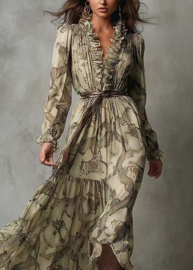 New Green V Neck Ruffled Patchwork Chiffon Long Dresses Summer - View 2