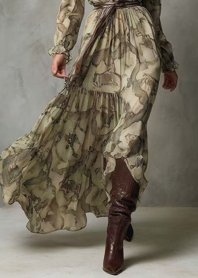 New Green V Neck Ruffled Patchwork Chiffon Long Dresses Summer - View 4