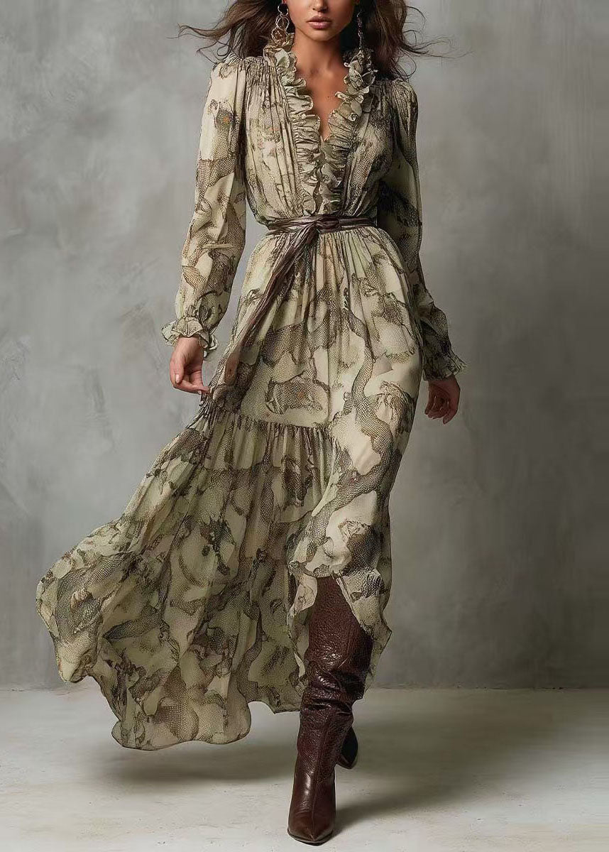 New Green V Neck Ruffled Patchwork Chiffon Long Dresses Summer - View 5