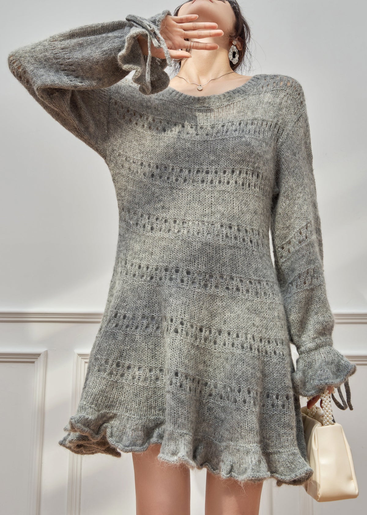 New Grey Ruffled Hollow Out Lace Up Knit Sweater Dress Fall - View 3