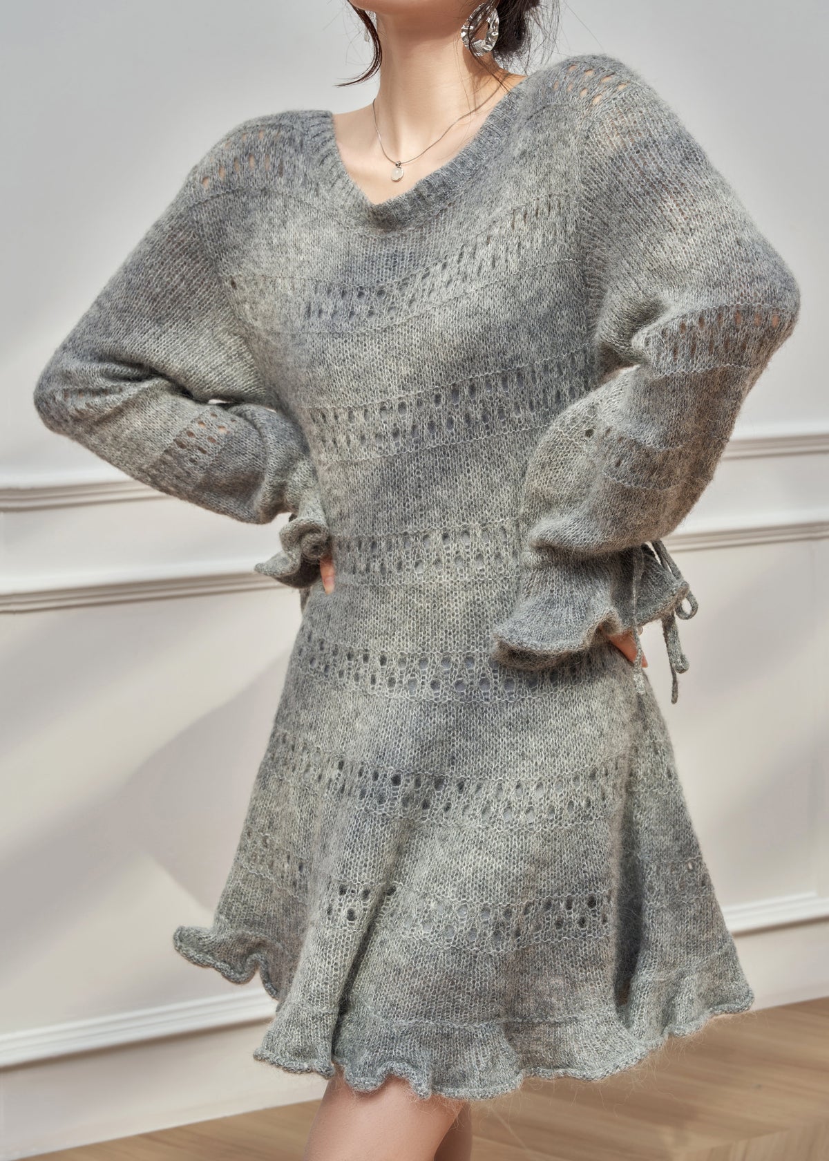 New Grey Ruffled Hollow Out Lace Up Knit Sweater Dress Fall - View 4