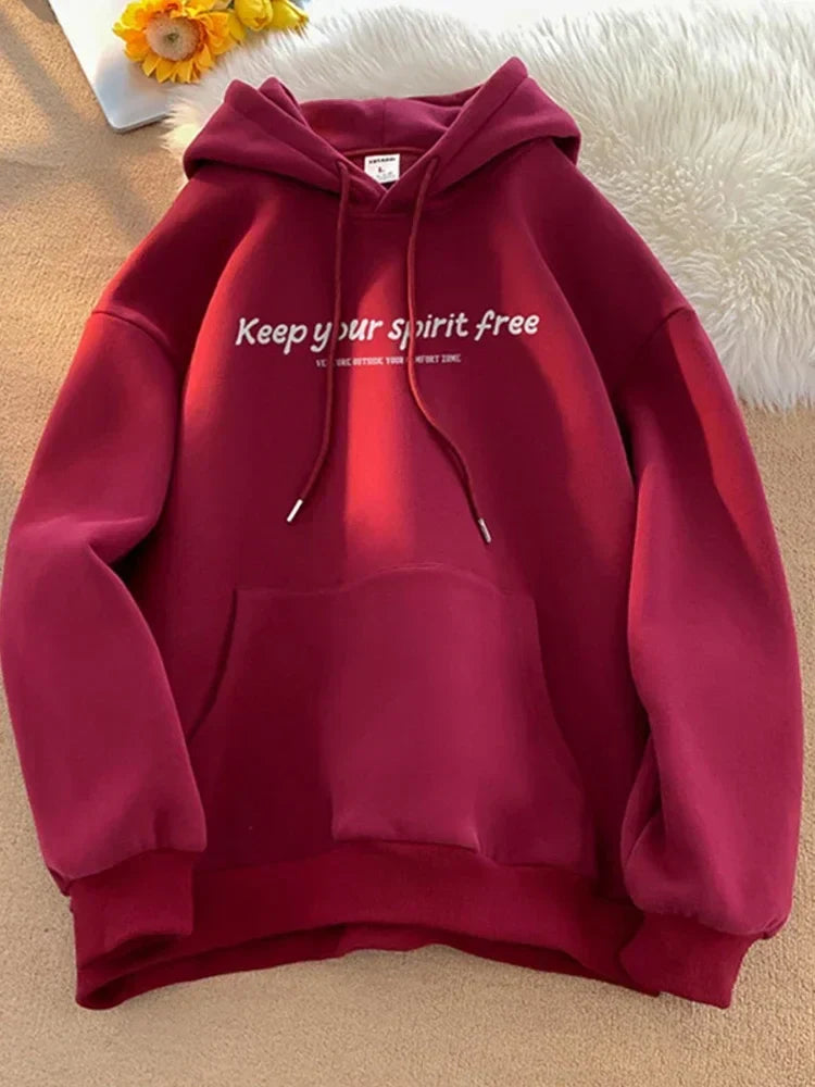Spirit Free Letter Printed Hoodie Red / M(40-45KG)
