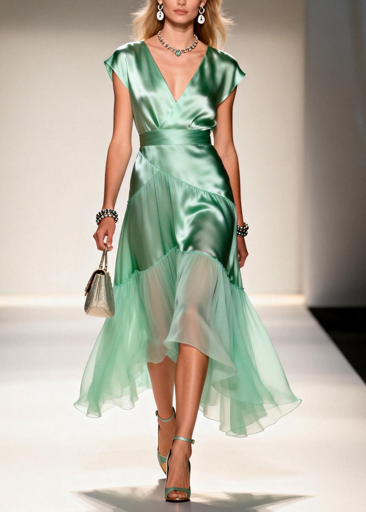 Satin Wrap V-Neck Cap Sleeve Sheer Tiered Ruffle Midi Dress - View 3