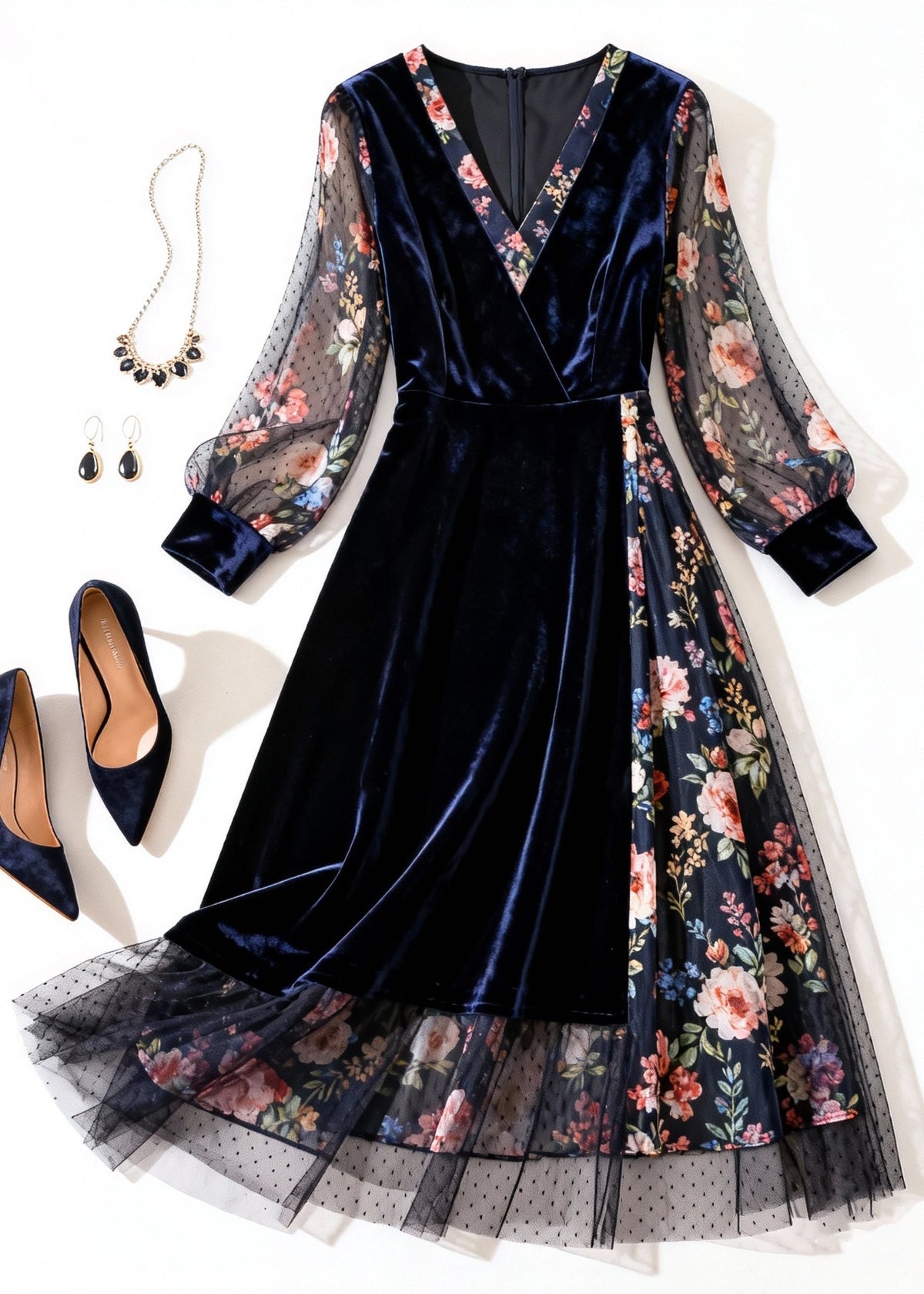 Velvet Wrap V-Neck Floral Mesh Balloon Sleeve Ruffle Hem Midi Dress
