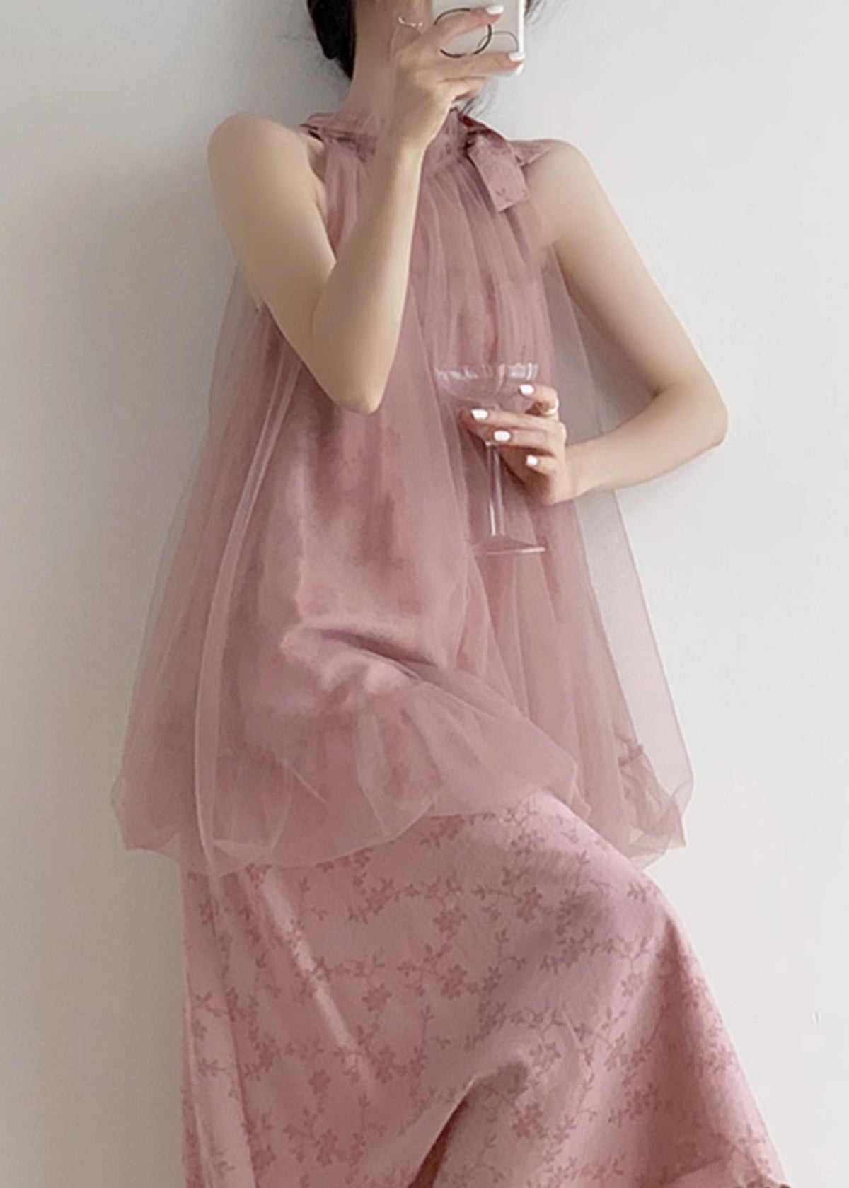 New Pink Halter Design Print Chiffon Dress Sleeveless - View 4