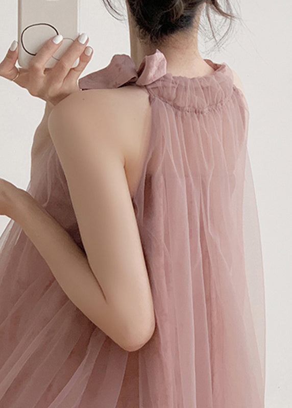 New Pink Halter Design Print Chiffon Dress Sleeveless - View 5