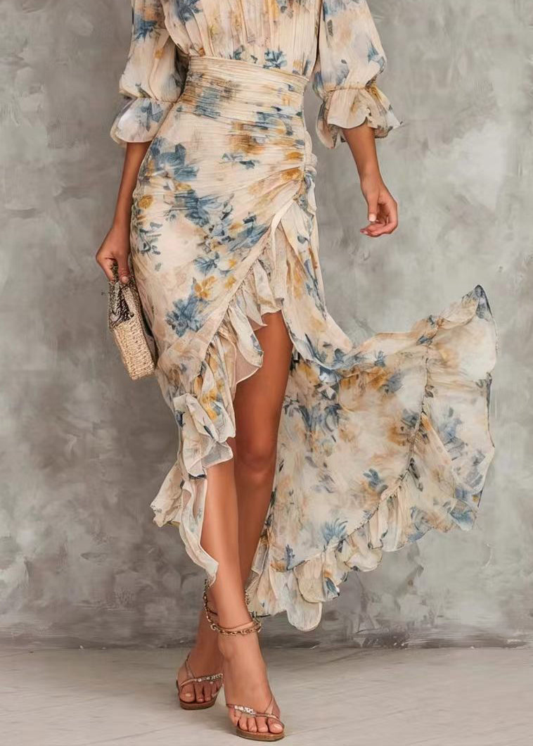 Print Hign Neck Asymmetrical Ruffled Patchwork Chiffon Dress - View 4