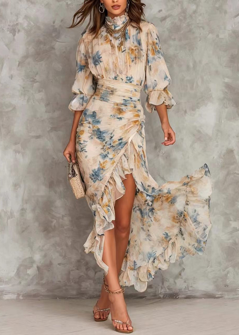 Print Hign Neck Asymmetrical Ruffled Patchwork Chiffon Dress - View 5