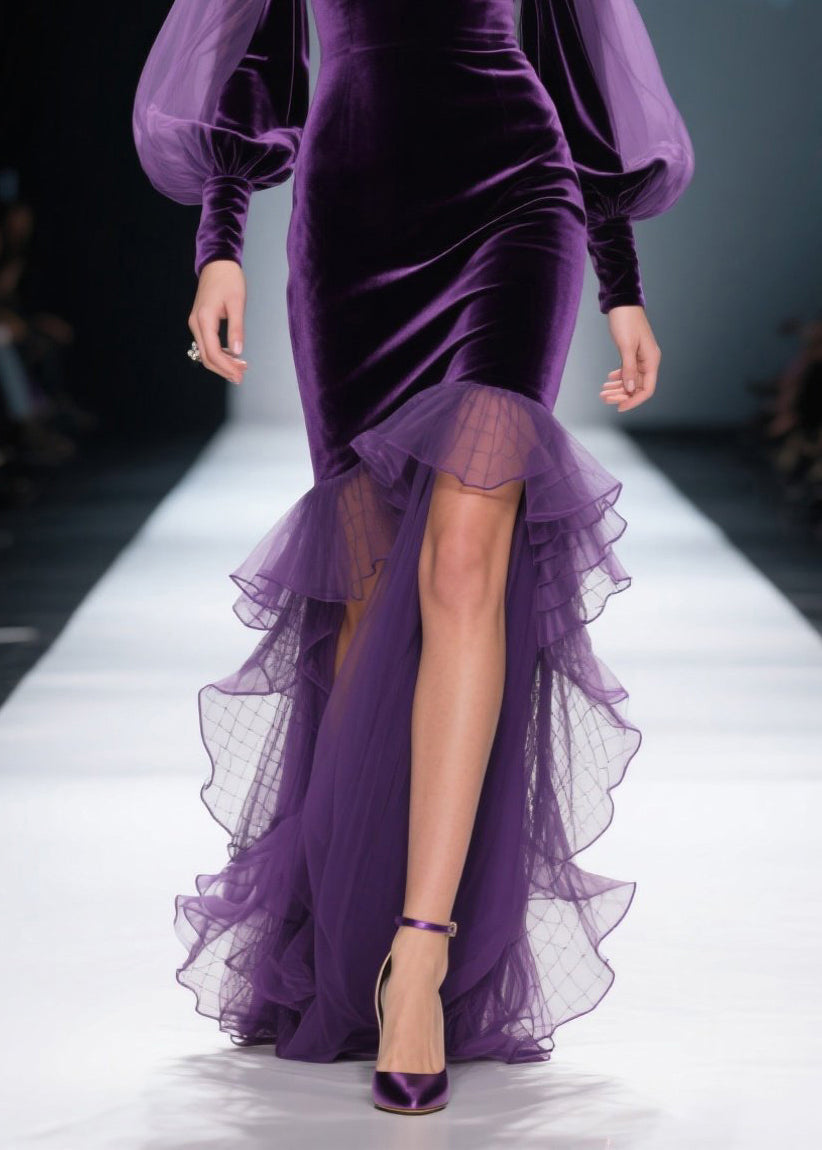 New Purple Asymmetrical Ruffled Patchwork Velvet Dress Fall - View 4