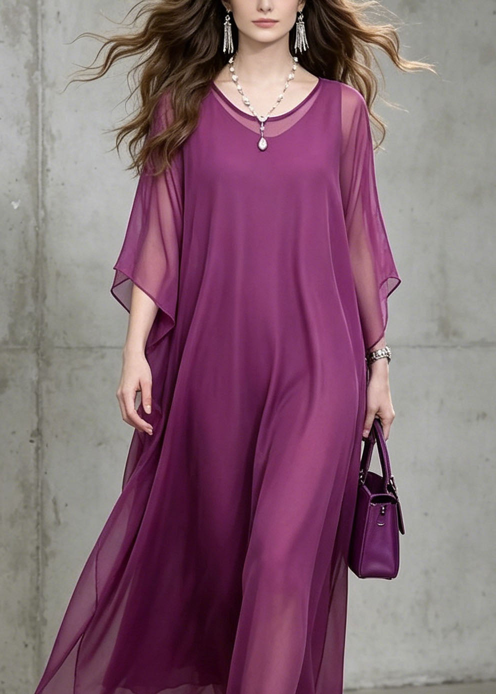 Chiffon Round Neck Batwing Sleeve Loose Flowy Kaftan Maxi Dress - View 2