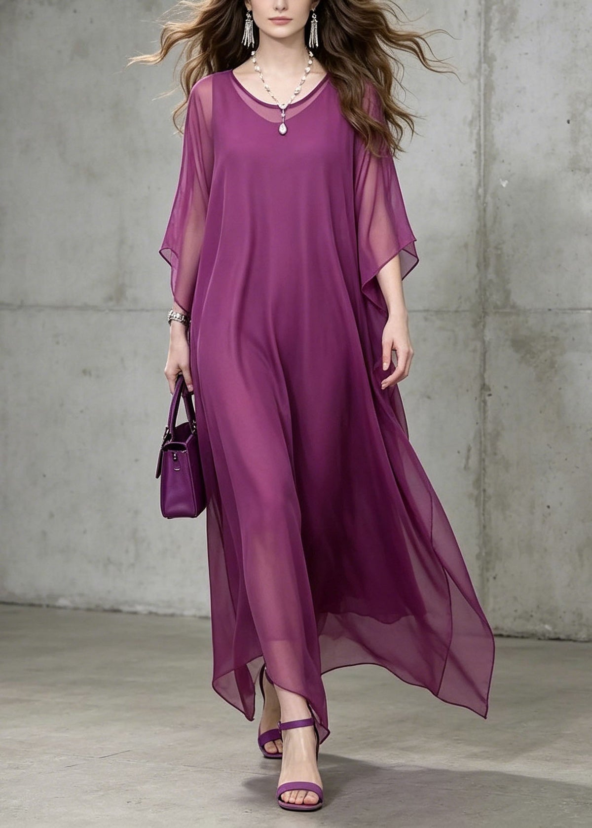 Chiffon Round Neck Batwing Sleeve Loose Flowy Kaftan Maxi Dress - View 3