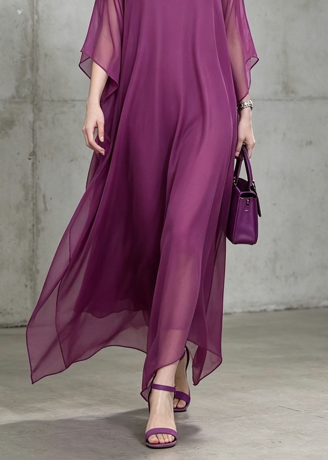 Chiffon Round Neck Batwing Sleeve Loose Flowy Kaftan Maxi Dress - View 4