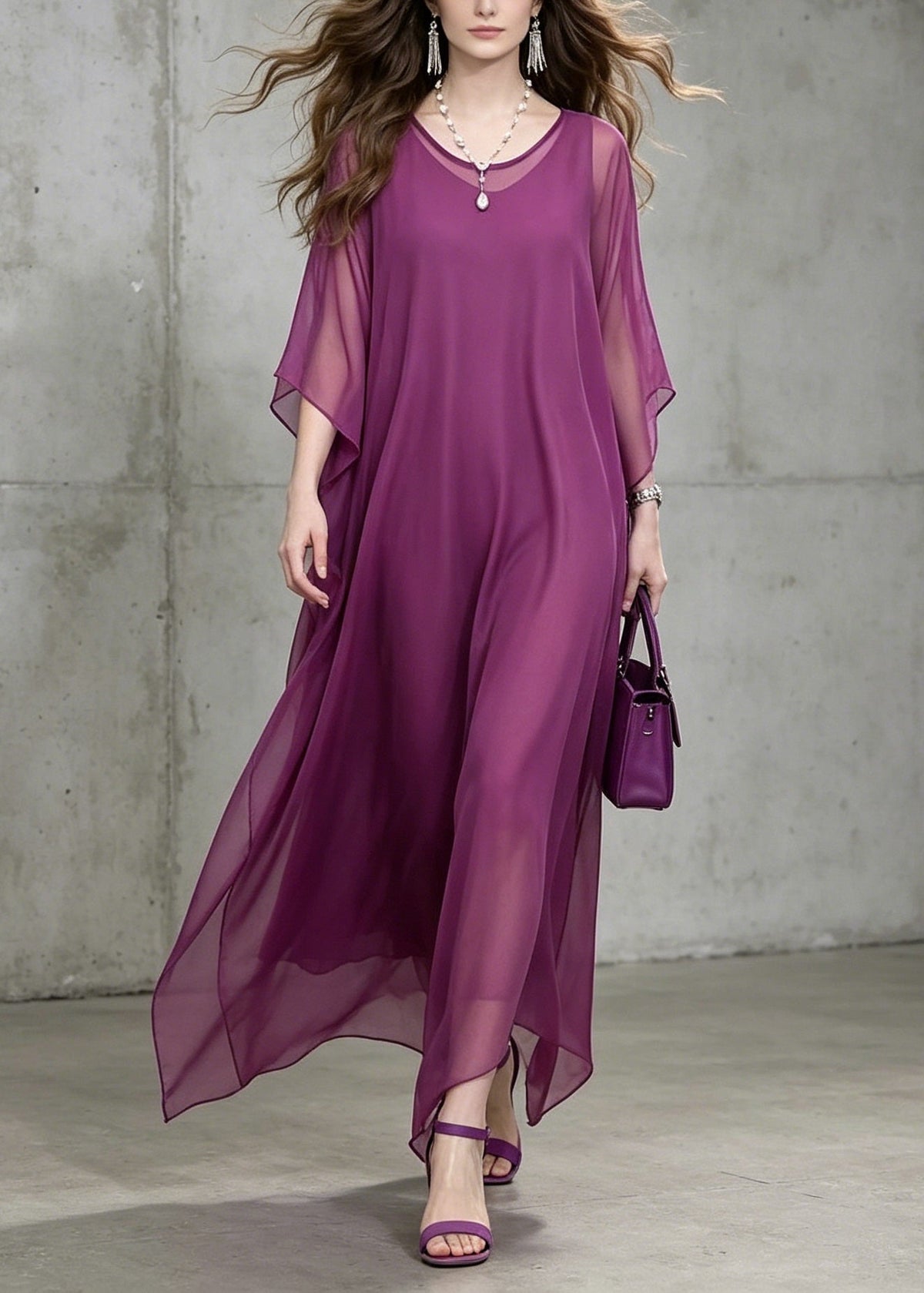 Chiffon Round Neck Batwing Sleeve Loose Flowy Kaftan Maxi Dress - View 5