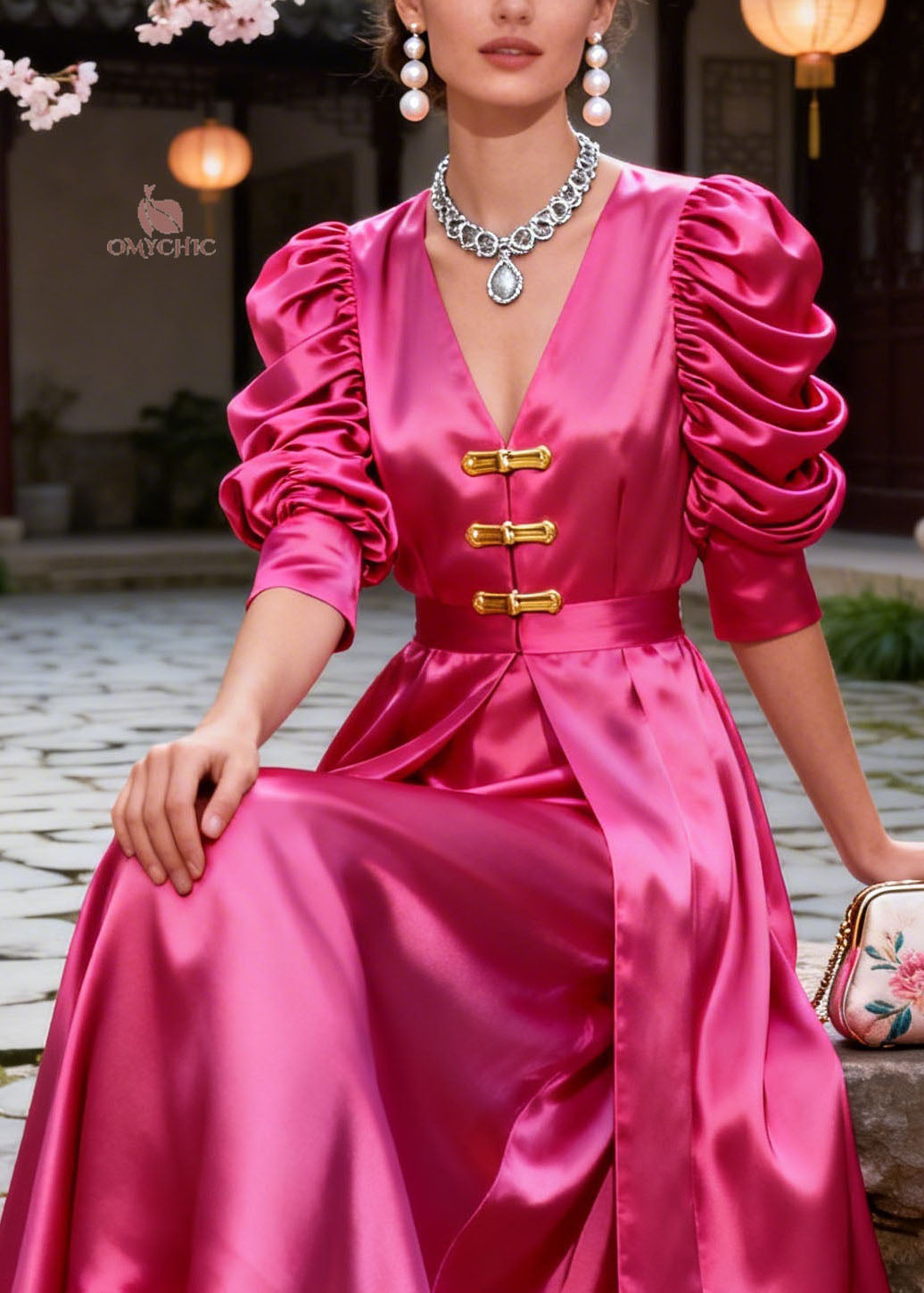 Satin Deep V-Neck Ruched Puff Sleeve Toggle Button Cinched Waist Maxi Gown - View 2