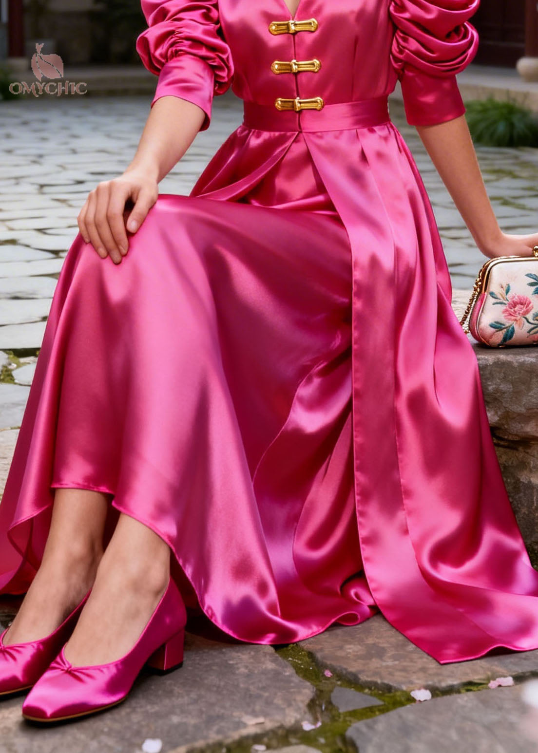 Satin Deep V-Neck Ruched Puff Sleeve Toggle Button Cinched Waist Maxi Gown - View 4