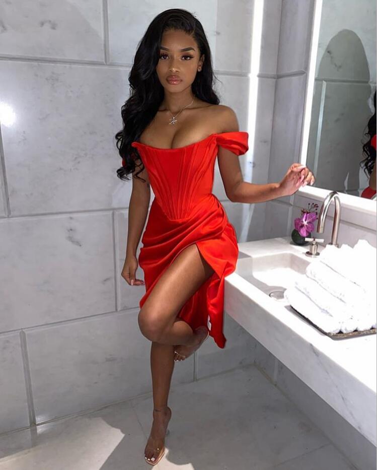 Satin Off Shoulder Sweetheart Corset High Split Bodycon Mini Dress - View 6