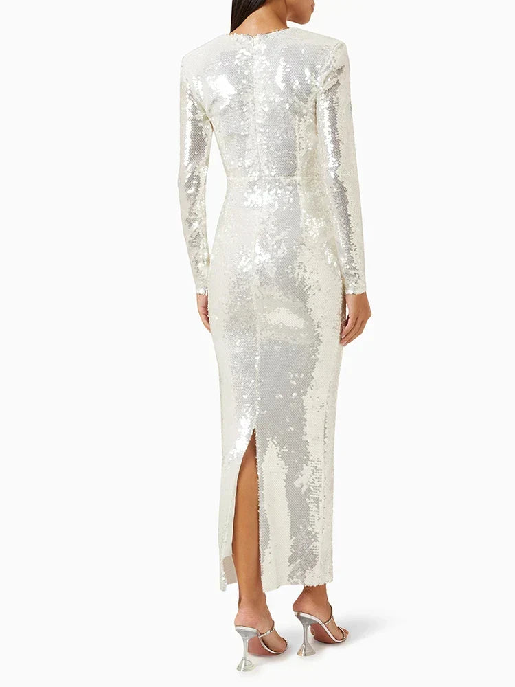 Deep V-Neck Long Sleeve Cut Out Rosette Sequin Maxi Dress 5