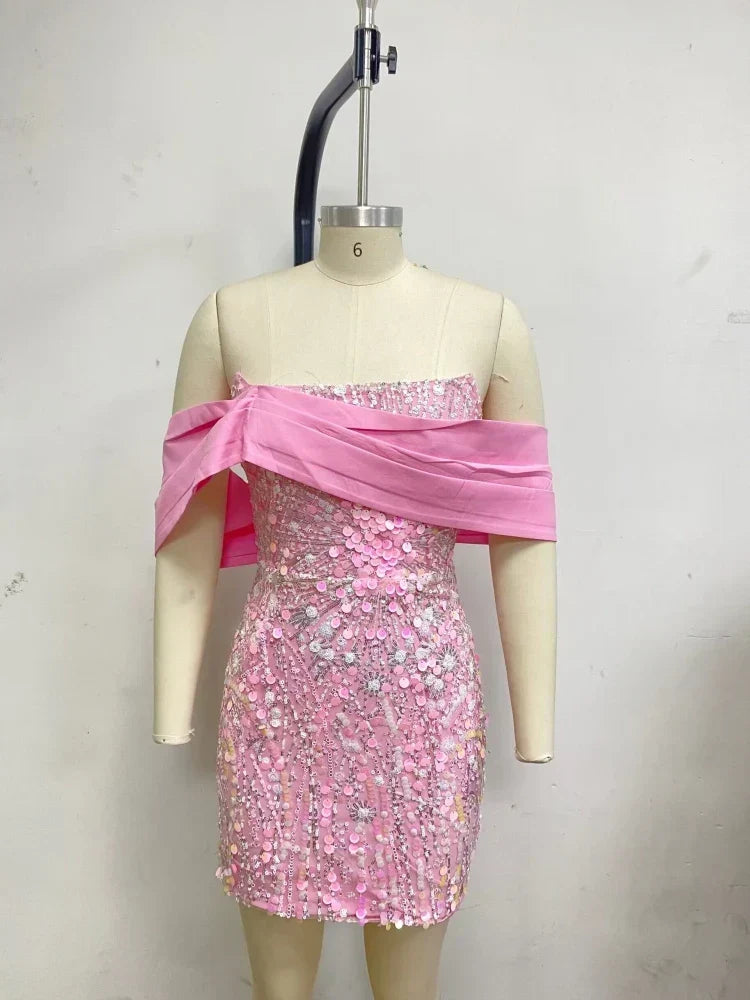 New Sexy Off Shoulder Sequins Pink Slash Neck Sparkly Elegant Christmas Party Dress / S Dresses-L