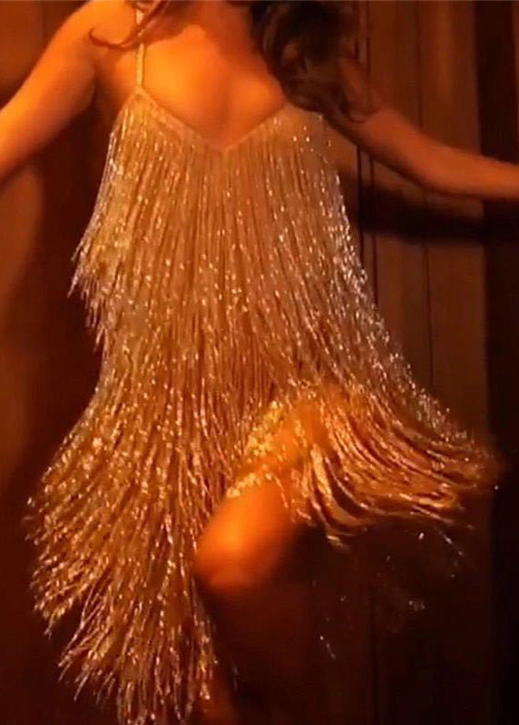 Metallic Tassel Fringe Spaghetti Strap Deep V-Neck Tiered Mini Dress - View 2