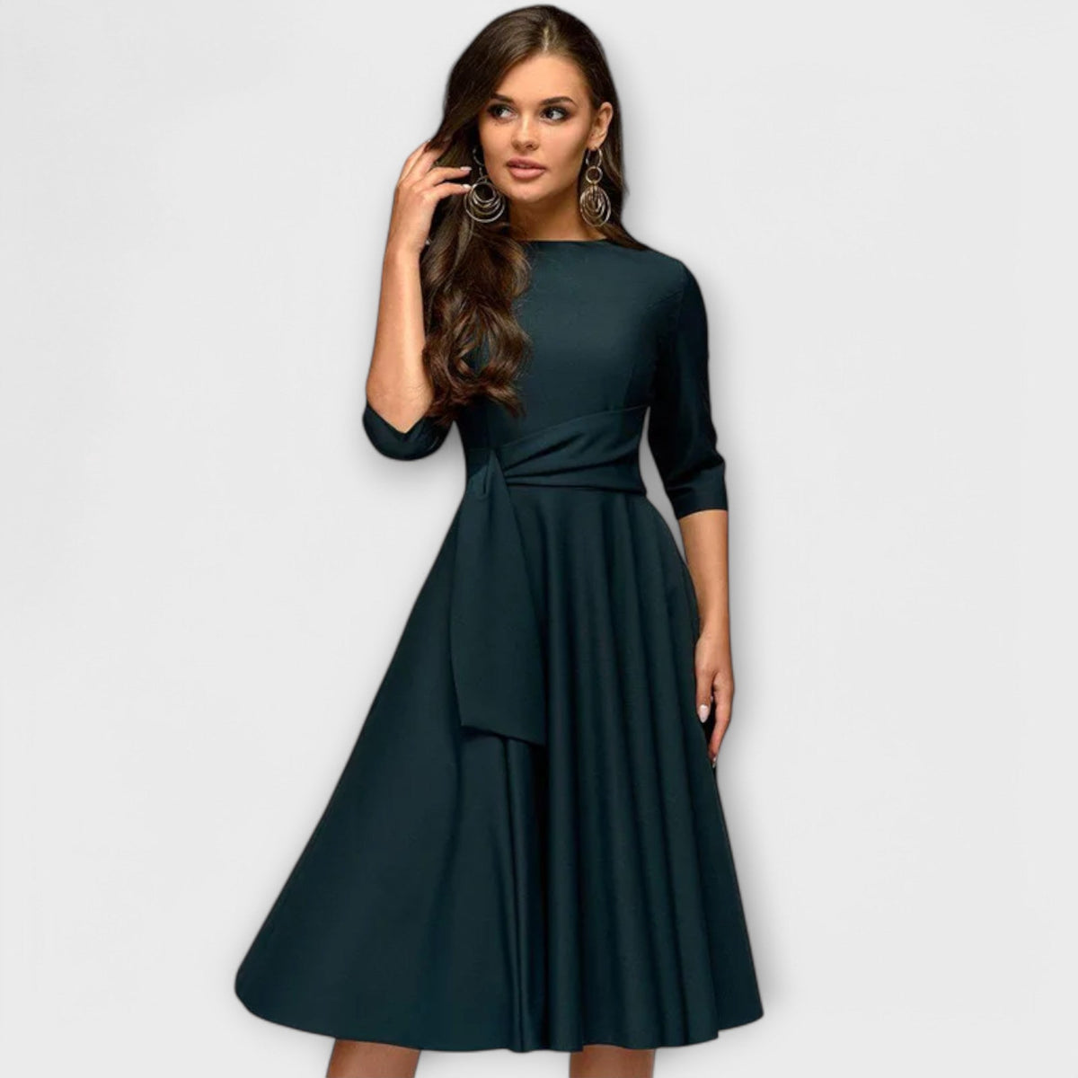 Boat Neck Wrap Waist Fit and Flare Midi Dress